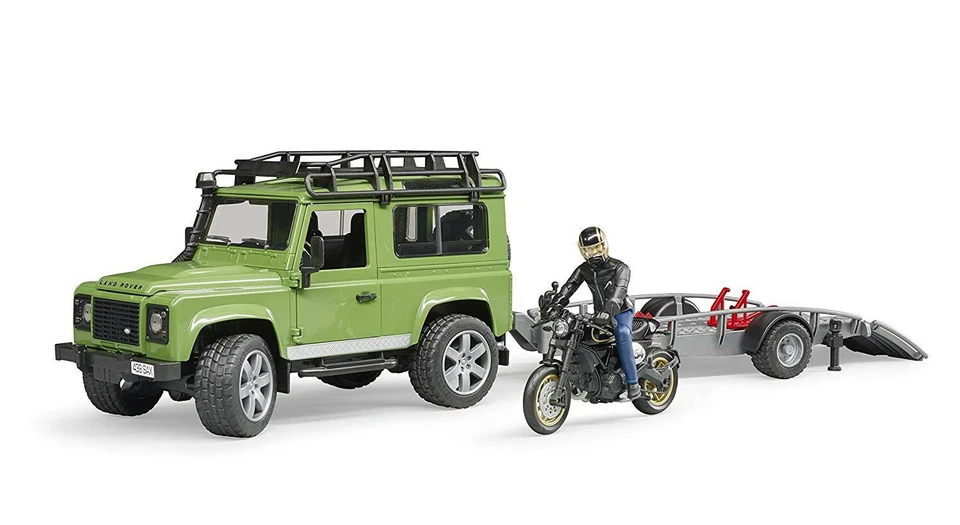 BRUDER 1:16 AUTO  LAND ROVER DEFENDER CON RIMORCHIO E DUCATI SCRAMBLER ART 02598 - Immagine 1 di 1