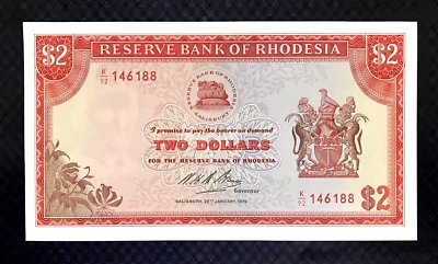 *RARE*  1975 RHODESIA - 2 DOLLARS - P#34 - XF+ - MB9 - Image 1 of 2