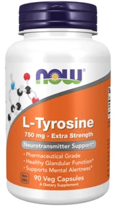 NOW Foods L-Tyrosin 750mg 90 pflanzliche Kapseln, unterstützt Wachsamkeit und Konzentration, Stress - Bild 1 von 4