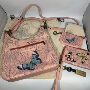Anuschka Handbemalt Leder Crossbody Schultertasche & Geldbörse Set Rosa Schmetterling - Bild 1 von 19