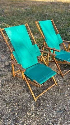 Par de sillones plegables de lona de madera vintage verde recogida local Foto 1 de 4