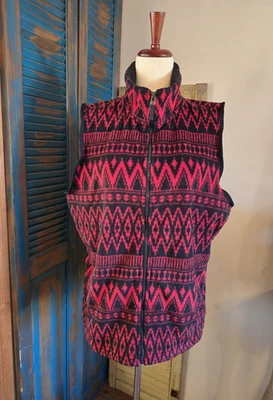 Chaps 运动全拉链抓绒背心女式 1X 红色黑色西南阿兹特克口袋 — 第 1/4 张图片