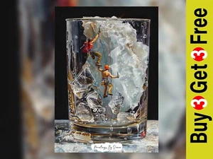 Miniature Climbers In A Glass Of Ice, Oil Painting Print 5"x7" on Matte Paper - Picture 1 of 7