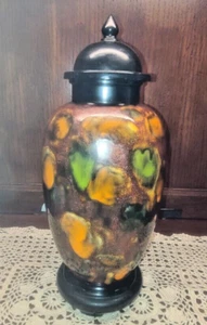 Vintage MCM Keramik Deko Urne mit Tropfglasur braun orange grün - Bild 1 von 8