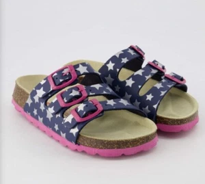 Girls Sliders Sandals Size 2 Blue Silver Star Pink Sole & Buckle Shoes Supafit - Picture 1 of 10