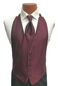 Men's Burgundy Red Wine Tuxedo Vest & Tie Open Back Herringbone Tailcoat 5XL