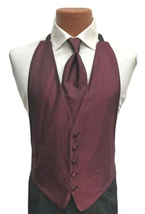 Men's Burgundy Red Wine Tuxedo Vest & Tie Open Back Herringbone Tailcoat 2XL - Picture 1 of 3