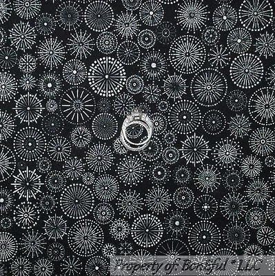 BonEful Fabric FQ Cotton Quilt VTG Black White Silver B&W Snowflake Flower Dot  - Image 1 of 4