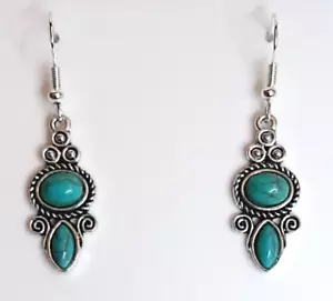 TURQUOISE TIBETAN EARRINGS 5CM DROP E77 - Picture 1 of 1