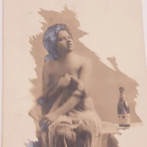 1900's Postcard Rppc Albumin Nude Risque Burlesque French Champagne Bottle Girl - Bild 1 von 4