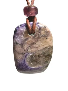 Charoite Unisex Pendant Necklace 32mm Brown Leather Cord Stainless Steel Clasp - Picture 1 of 9