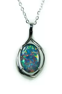 Fire Australian Triplet Opal Necklace Pendant White Gold Plated Sterling Silver - Picture 1 of 8