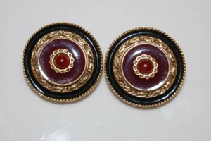VTG 1928 RED CABOCHON BLACK RED ENAMEL GOLDEN ROUND BYZANTINE STYLE CLIP EARRING - Picture 1 of 11