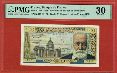FRANCE 12.2.1959 5 NOUVEAUX FRANCS OVERPRINT ON 500 FRANCS (PICK#137b) PMG VF 30 - Image 1 of 4