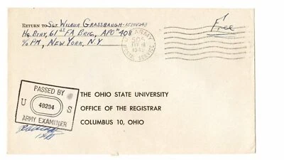 2/19/45 APO 505 France WWII cover: Sgt Wilbur Grassbaugh, 61st Field Artillery - Image 1 of 2