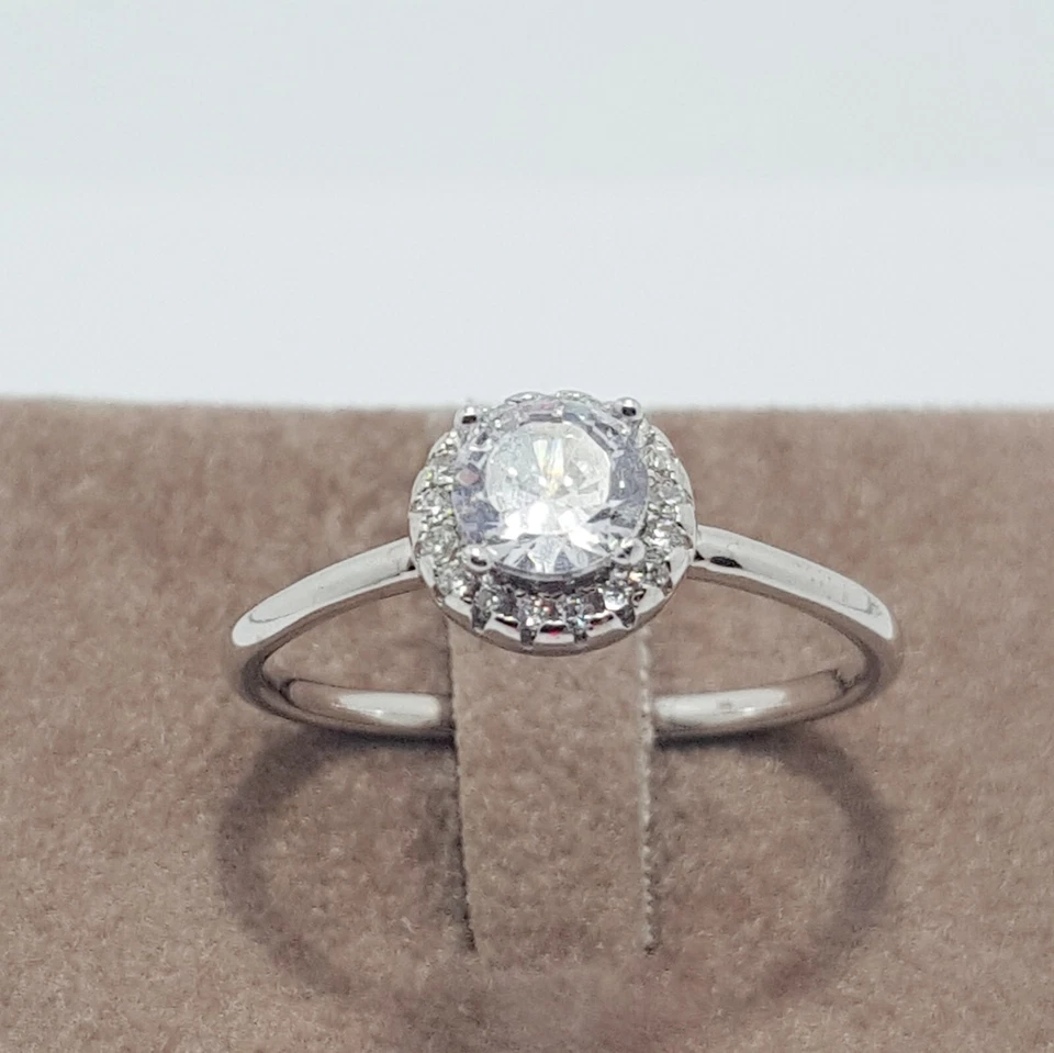 Anello donna argento925 rodio bianco solitario pietra centrale zircone brillante - Immagine 1 di 4