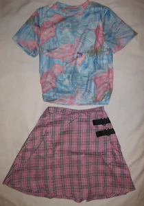 Shein girls 11yrs blue dolphin print jersey mesh tee & pink plaid mini skirt set - Picture 1 of 2
