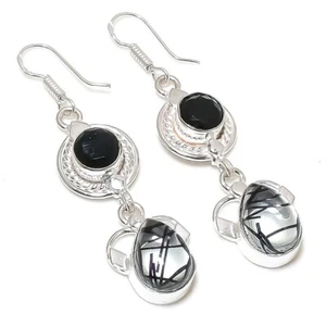 Rutilated Quartz & Spinel Gemstone 925 Sterling Silver Jewelry Earring Sz 2.2" - Picture 1 of 1