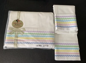 Vtg 100% Cotton Muslin Pastel Stripe Hem Full Flat Sheet +2 Cases Dan River - Picture 1 of 7