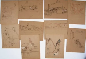 Elijah Albert Cox (1876–1955) 19 x Graphitskizzen Gebäude, Roggen, Volksstein... - Bild 1 von 7