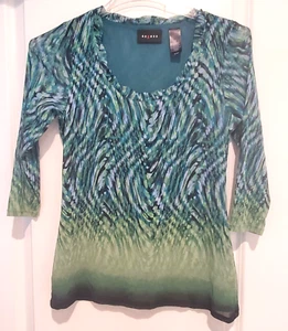 Axcess Liz Claiborne Shirt Womens Medium Green Geometric 3/4 Sleeves Top - Picture 1 of 5