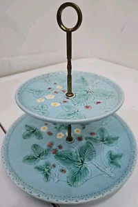 2-Tier Serving Plater German Turquoise Blue Majolica Plates w/ Strawberries - Picture 1 of 6