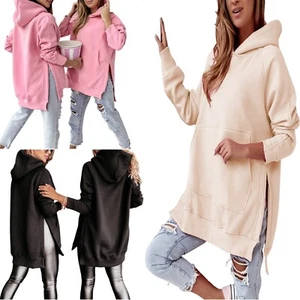 Womens High Neck Hem Side Slits Hoodies Ladies Long Sleeves Oversized Sweatshirt - Picture 1 of 14