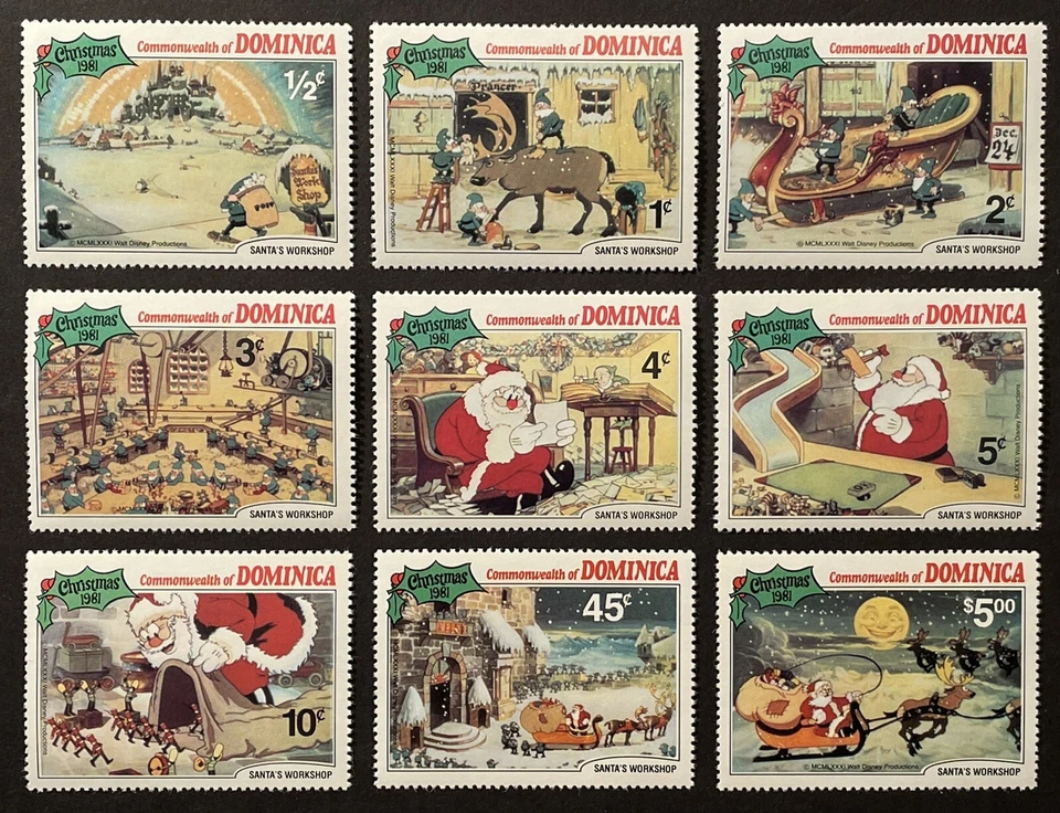 JUEGO DE SELLOS DE NAVIDAD DOMINICA TALLER DE SANTA DISNEY 9V 1981 MNH RENOS ELFOS Foto 1 de 1