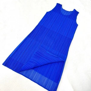 PLEATS PLEASE ISSEY MIYAKE Sleeveless Dress Side Slit Blue Size 3 Midi Length - Picture 1 of 13