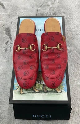 正品古驰 Ghost 红色皮革 Princetown 男式拖鞋/骡子 US8.5 EU42 UK8 — 第 1/4 张图片