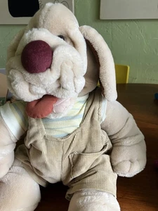 1981 Ganz Bros Wrinkles Plush Hand Puppet Brown Boy Dog Corduroy Overalls - Picture 1 of 4