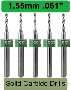 1.55mm .061" Solid Carbide Drill Bits FIVE Pieces Premium Carbide 1/8" Shank R/S - Picture 1 of 4