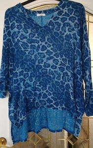 GLOSSY PARIS BLUE ANIMAL PRINT COTTON TUNIC 3/4 SLEEVES ONE SIZE 20/22 IN V G C - Picture 1 of 3