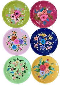 Set 6 Hand Painted Metal Bright Colors 8.75" Plates One Hundred 80 degrees New - Picture 1 of 9
