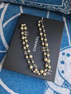 Authentic Chanel CC B15V Classic Crystal Logo Pearl Long Necklace Box Receipt - Picture 1 of 18