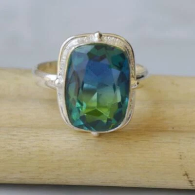 Anillo de regalo de plata de ley 925 cuarzo turmalina azul verde corte cojín joyería Foto 1 de 4