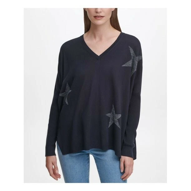 DKNY Women Star-Print Drop-Shoulder Sweater Dark Navy Blue Silver Combo Size L