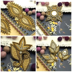 FCL 2 pc Buti Rhinestone Applique Indian Zari Metallic Mirror Sewon Patches - Picture 1 of 15