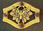 Antique Victorian Art Deco brass butterfly purple glass stones brooch pin