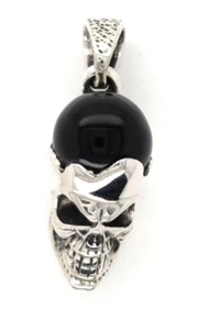 Sterling Silver 3D Design Skull With Genuine Onyx Ball Pendant New - Picture 1 of 4