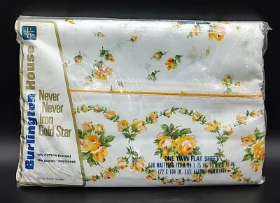 Vintage Burlington House Twin Flat Sheet Orange Roses Cottage Garden 72x105" NOS - Image 1 of 2