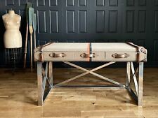 Andrew Martin Rare Steel, Linen Canvas Leather Gibbon Campaign Trunk Table Desk