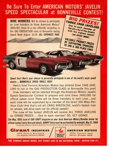 1968 AMC JAVELIN / BONNEVILLE SPEED SPECTACULAR CONTEST ~ ORIGINAL PRINT AD - Bild 1 von 2