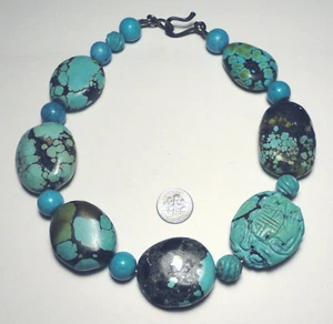 COLLAR DE CUENTAS GRANDES TURQUESA Y HOWLITE vintage broche 925 6,25 oz - Imagen 1 de 8