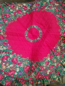 40” Round Quilted Fruit Red Christmas Tree Skirt Handmade Reversible & Ruffle - Picture 1 of 8