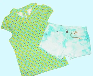NWT GIRLS 10 BOHEMIAN FLOWER AQUA & LIME TOP & TIE-DYED CUTOFF DENIM SHORTS - Picture 1 of 8
