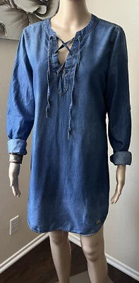 TRUE RELIGION джинсовой ткани на шнуровке мини рубашка платье блузон богемный повседневный sz M - Изображение 1 из 4