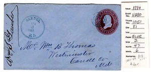 Gamber MD (Carroll 1880-1899) on U280 Entire 1885 to Westminster MD - Picture 1 of 2