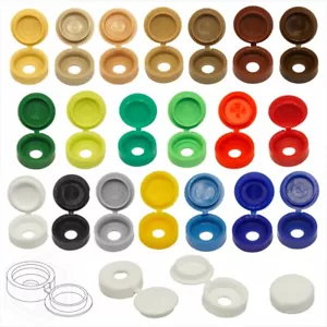 20 COLOUR SMALL PLASTIC HINGED SCREW FOLD OVER COVER CAPS 6g/8g Gauge M3.5 & M4 - Picture 1 of 81