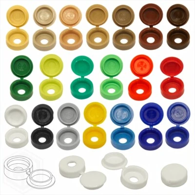 20 COLOUR SMALL PLASTIC HINGED SCREW FOLD OVER COVER CAPS 6g/8g Gauge M3.5 & M4 - Image 1 of 4